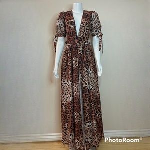 Leopard print short sleeve V-neckline  built in bikini split thigh maxi dress